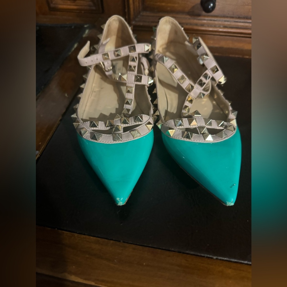 Valentino Rockstud Seafoam Blue Flats -36.5